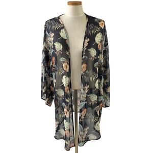 Meri Skye Sheer Tropical Floral Ruana Kimono Top Women 1X Black Beach Cover Up